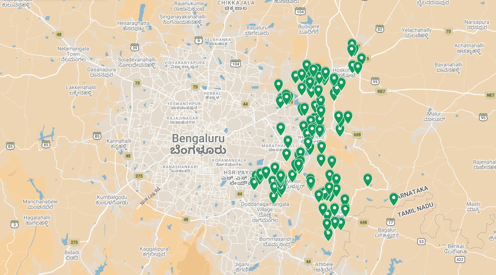 Map of Aditya Thakur & Associates service area across East Bangalore